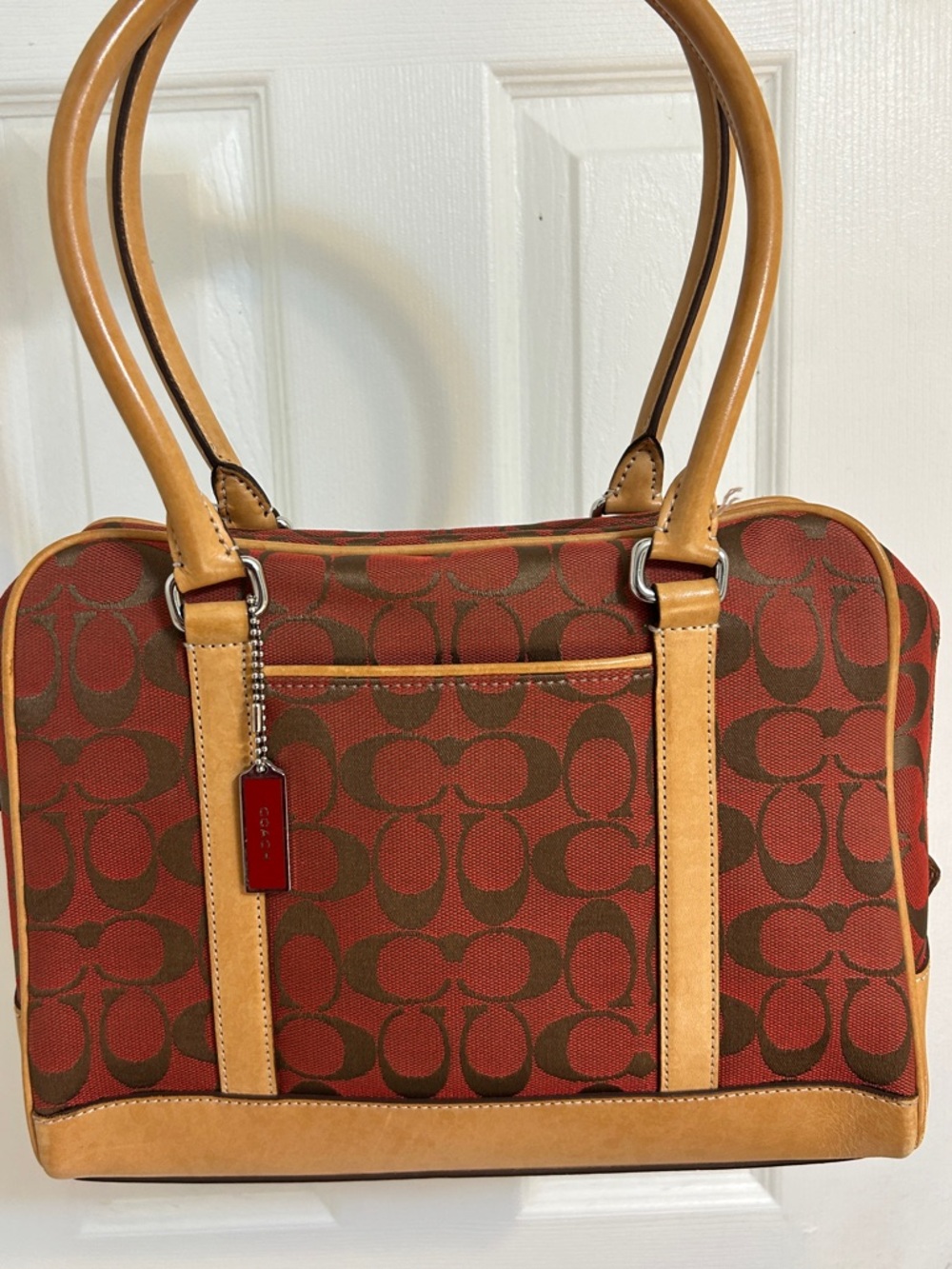 Coach Red/Brown Signature Satchel with Chestnut Trim E1R-6097